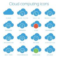 Cloud computing icons set. Web storage silhouette symbols. Mouse click, bookmarks, statistics, recharging, wifi, download and upload web hosting symbols. Vector isolated illustration