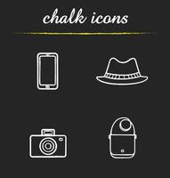 Tourist's equipment chalk icons set. Men's accessories. Smartphone, photo camera, homburg hat and leather handbag. Isolated vector chalkboard illustrations
