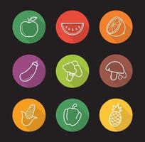 Fruit and vegetables flat linear long shadow icons set. Apple, watermelon slice, lemon half, eggplant, broccoli, mushrooms, corn, bell pepper, pineapple. Vector line illustration