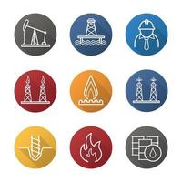 Oil industry flat linear long shadow icons set. Pump jack, barrels, drilling bit, gas and fuel production platforms, flammable sign, industrial worker, offshore well. Vector line illustration