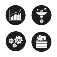 Business icons set. Sales funnel, growth chart, cogwheels and office worker. Vector white silhouettes illustrations in black circles