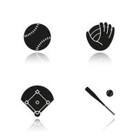 Baseball drop shadow black icons set. Bat and ball, mitt, field. Softball equipment. Isolated vector illustrations