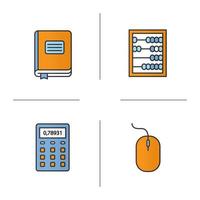 Accounting color icons set. Bookkeeper's journal, abacus, calculator, computer mouse. Isolated vector illustrations