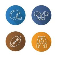 American football equipment. Flat linear long shadow icons set. Helmet, shoulder pad, ball, shorts. Vector line illustration