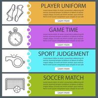 Soccer banner templates set. Easy to edit. Football player's boots, stopwatch, whistle ball and gates. Website menu items with linear icons. Color web banner. Vector headers design concepts