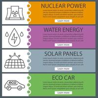 Eco energy banner templates set. Easy to edit. Nuclear power plant, water energy, solar panel, eco car. Website menu items with linear icons. Color web banner. Vector headers design concepts