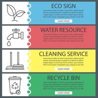 Environment protection banner templates set. Easy to edit. Plant, water resources, cleaning and recycle service. Website menu items with linear icons. Color web banner. Vector headers design concepts