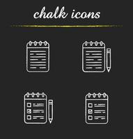 Notepads chalk icons set. Notebooks and to do lists with pencils. Isolated vector chalkboard illustrations