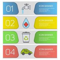 Ecology banner templates set. Easy to edit. Bio car, recycle bin, faucet, pure water. Website menu items. Color web banner. Vector headers design concepts