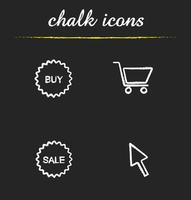 Online shopping chalk icons set. Buy and sale stickers, add to cart button, computer mouse cursor. Isolated vector chalkboard illustrations