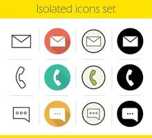 Digital icons set. Flat design, linear, black and color styles. Email, phone, chat box. Isolated vector illustrations