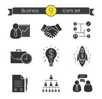 Business concepts icons set. Silhouette symbols. Teamwork, company hierarchy, signed contract, handshake, problem solutions, successful idea, goal achievement. Vector isolated illustration