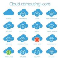 Cloud computing icons set. Online data storage silhouette symbols. Geolocation, favorite, user, search, free space, download, access, device connection, turn off. Vector isolated illustration