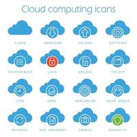 Cloud computing icons set. Online data storage silhouette symbols. Download, upload, settings, new document, preferences, lock, unlock and folder. Vector isolated illustration