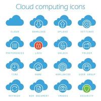 Cloud computing icons set. Online data storage silhouette symbols. Download, upload, settings, new document, preferences, lock, unlock and folder. Vector isolated illustration