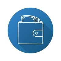 Wallet with money flat linear long shadow icon. Purse full of cash. Vector line symbol