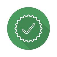 Approved stamp. Flat linear long shadow icon. Accept badge. Green sticker with tick. Vector line symbol