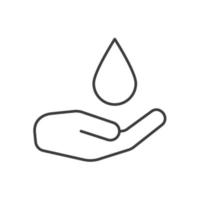 Washing hands linear icon. Thin line illustration. Human palm with falling water drop. Contour symbol. Vector isolated outline drawing