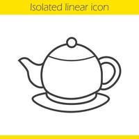 Teapot linear icon. Thin line illustration. Tea pot on plate contour symbol. Vector isolated outline drawing