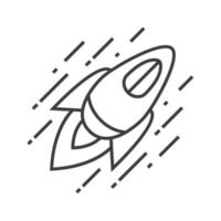 Flying spaceship linear icon. Thin line illustration. Space rocket contour symbol. Vector isolated outline drawing