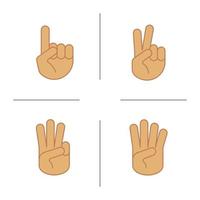 Hand gestures color icons set. One, two, three and four fingers up. Isolated vector illustrations