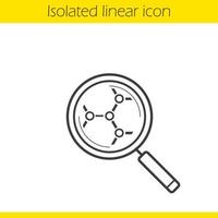 Molecular structure analysis linear icon. Magnifying glass thin line illustration. Business segments interaction contour symbol. Vector isolated outline drawing