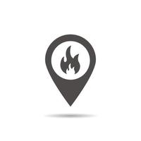 Fire location icon. Drop shadow silhouette symbol. Flame inside pinpoint. Fire nearby. Vector isolated illustration