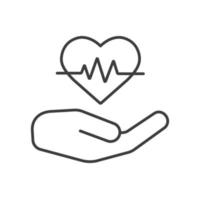 Heart care linear icon. Thin line illustration. Human hand with heartbeat curve contour symbol. Vector isolated outline drawing