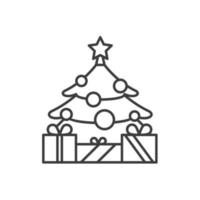 árbol de año nuevo con estrella y regalos icono lineal. Ilustración de línea fina. árbol de navidad decorado con símbolo de contorno de regalos. dibujo de contorno aislado vectorial