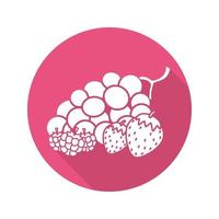 Berries flat design long shadow icon. Bunch of grapes, raspberry, strawberry. Vector silhouette symbol