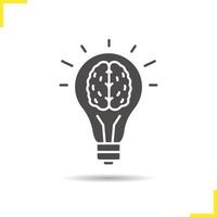 Good idea icon. Drop shadow eureka silhouette symbol. Human brain inside light bulb. Negative space. Vector isolated illustration