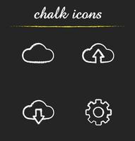 Cloud computing chalk icons set. Cloud, upload and download arrows, and settings symbols. Isolated vector chalkboard illustrations