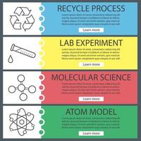 Conjunto de plantillas de banner de laboratorio de ciencia. fácil de editar. átomo y molécula, símbolo de reciclaje y tubo de ensayo químico. elementos del menú del sitio web con iconos lineales. banner web en color. conceptos de diseño de encabezados vectoriales vector