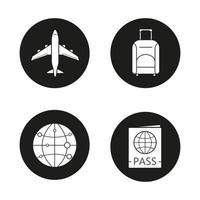 Air travel icons set. International passport, luggage suitcase on wheels, plane flight, worldwide globe symbol. Vector white silhouettes illustrations in black circles