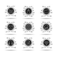 Conjunto de iconos de tecnología cibernética. computación en la nube. wifi, acceso, almacenamiento digital, seguridad de correo electrónico, red mundial, documento web, música digital, casa inteligente. vector ilustraciones blancas en círculos negros