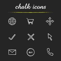 Online shopping chalk icons set. Worldwide and delivery symbols, shopping cart, yes and no signs, computer cursor, message, buy sticker, handset. Isolated vector chalkboard illustrations