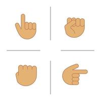 Hand gestures color icons set. Squeezed and raised fists, hands pointing right and up. Isolated vector illustrations