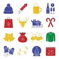 conjunto de iconos de Navidad. símbolos de silueta de color de año nuevo. fuegos artificiales, taza, champán, trineo de santa claus, sombrero y bolsa de regalos, bastones de caramelo, cascabeles, suéter, bolas de 2017. vector ilustración aislada