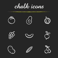 Fruit and vegetables chalk icons set. Tomato, cutted avocado, garlic, bunch of grapes, melon slice, beet, potato, pea pod, cherries. Isolated vector chalkboard illustrations