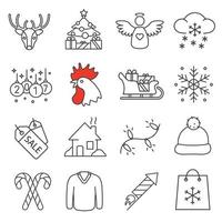 Christmas and New Year linear icons set. Xmas tree, angel, Santa Claus sleigh with presents, snow, rooster, firework, sweater, candy canes. Thin line contour symbols. Isolated vector illustrations