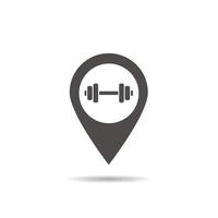 Gym location icon. Drop shadow map pointer silhouette symbol. Barbell in pinpoint. Vector isolated illustration