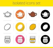 Breakfast items icons set. Flat design, linear, black and color styles. Lemon, covered honey pot, clay teapot on plate. Isolated vector illustrations