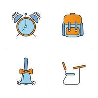 School and education color icons set. Student's backpack, alarm clock, ringing school bell, desk. Isolated vector illustrations