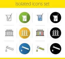 Chemical lab items icons set. Flat design, linear, black and color styles. Tube with liquid drop, test tubes rack, beaker with rod. Chemistry class equipment. isolated vector illustrations