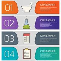 Chemical lab banner templates set. Easy to edit. Medical tests jar, mortar and pestle, chemical reaction, test checklist. Website menu items. Color web banner. Vector headers design concepts