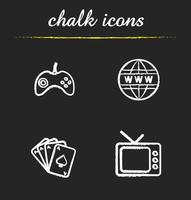 Bad habits chalk icons set. Game console joystick, www network symbol, playing cards deck, retro tv-set. Gambling, internet, gaming and tv addictions. Isolated vector chalkboard illustrations