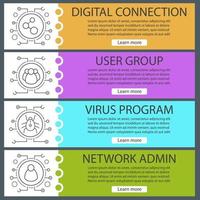 Digital banner templates set. Cyber technology. Connection, users, network admin, virus program. Website menu items with linear icons. Color web banner. Vector headers design concepts