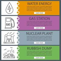 Ecology banner templates set. Water energy, gas station, nuclear power plant, rubbish dump. Website menu items with linear icons. Color web banner. Vector headers design concepts