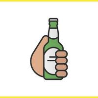 mano que sostiene el icono de color de la botella de cerveza. salud. mano de tostado. ilustraciones vectoriales aisladas vector