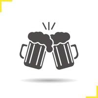 Toasting beer glasses icon. Drop shadow cheers silhouette symbol. Two foamy beer glasses. Negative space. Vector isolated illustration